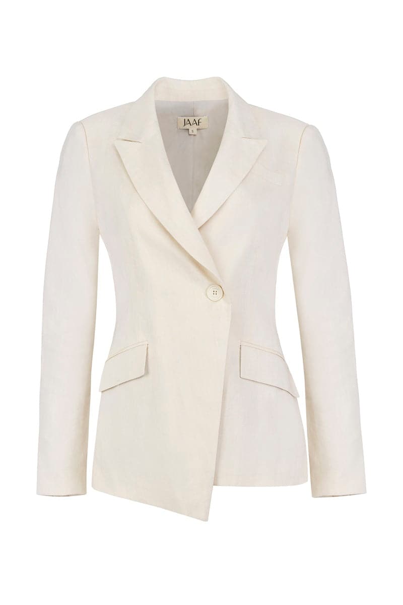 SANDY BEIGE TAILORED ASYMMETRIC BLAZER - CULT MIA