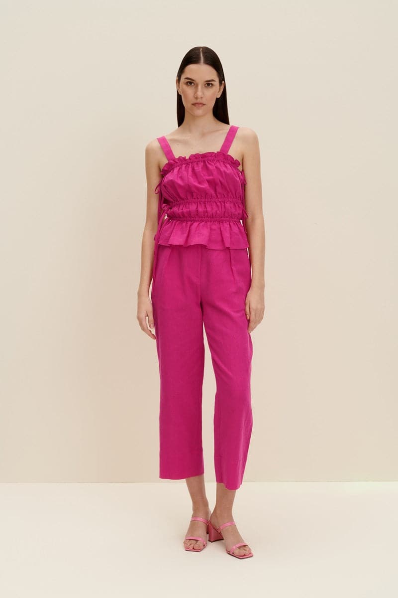 HOT PINK LINEN-BLEND CROPPED PANTS - CULT MIA