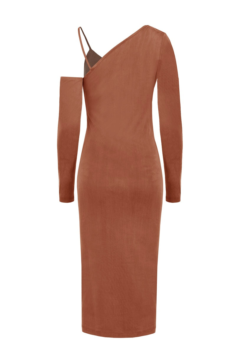 ASYMMETRIC CUPRO DRESS IN CHOCOLATE BROWN - CULT MIA