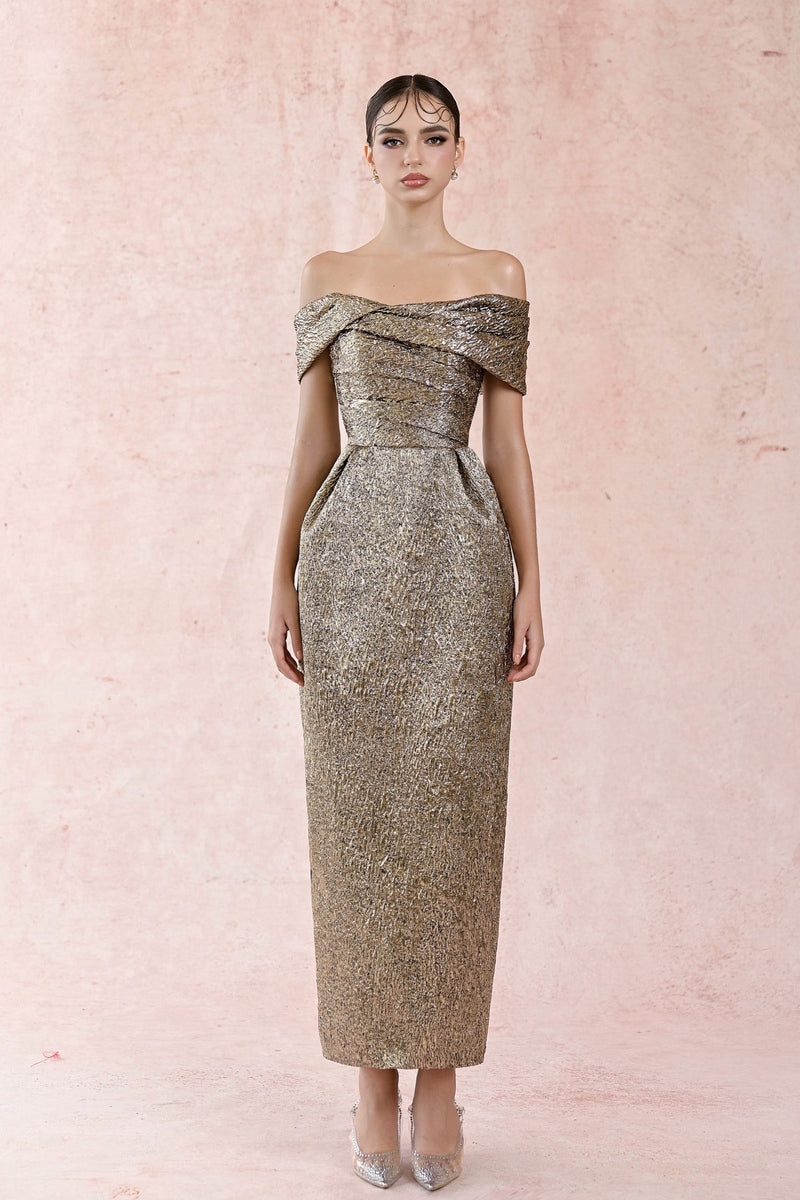 JACQUARD GOLD PLEATED OFF-SHOULDER DRESS | CULT MIA | HACCHIC COUTURE JACQUARD GOLD PLEATED OFF-SHOULDER DRESS | CULT MIA | HACCHIC COUTURE