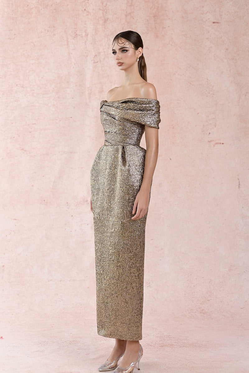 JACQUARD GOLD PLEATED OFF-SHOULDER DRESS | CULT MIA | HACCHIC COUTURE JACQUARD GOLD PLEATED OFF-SHOULDER DRESS | CULT MIA | HACCHIC COUTURE