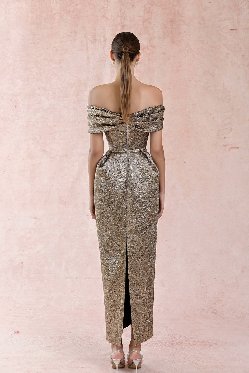 JACQUARD GOLD PLEATED OFF-SHOULDER DRESS | CULT MIA | HACCHIC COUTURE JACQUARD GOLD PLEATED OFF-SHOULDER DRESS | CULT MIA | HACCHIC COUTURE