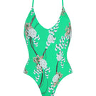 Aguaclara Jade one-piece swimsuit featuring a sleek design with vibrant colors and a flattering fit, displayed on a mannequin.