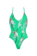 Aguaclara Jade one-piece swimsuit featuring a sleek design with vibrant colors and a flattering fit, displayed on a mannequin.
