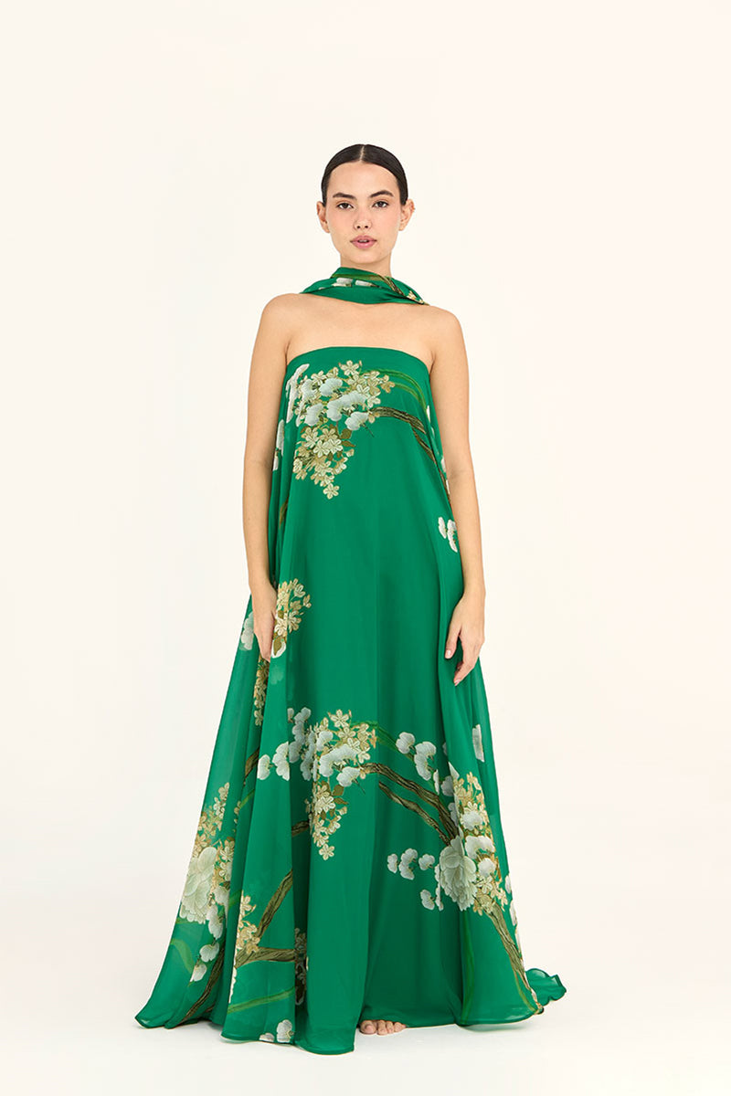 Aguaclara Jade Maxi Dress featuring a flowing fabric, sleeveless design, and vibrant pattern perfect for summer wear.