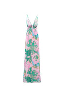 Sisters Jane maxi dress in soft pink and green with a flowing silhouette and floral pattern, perfect for summer wear.