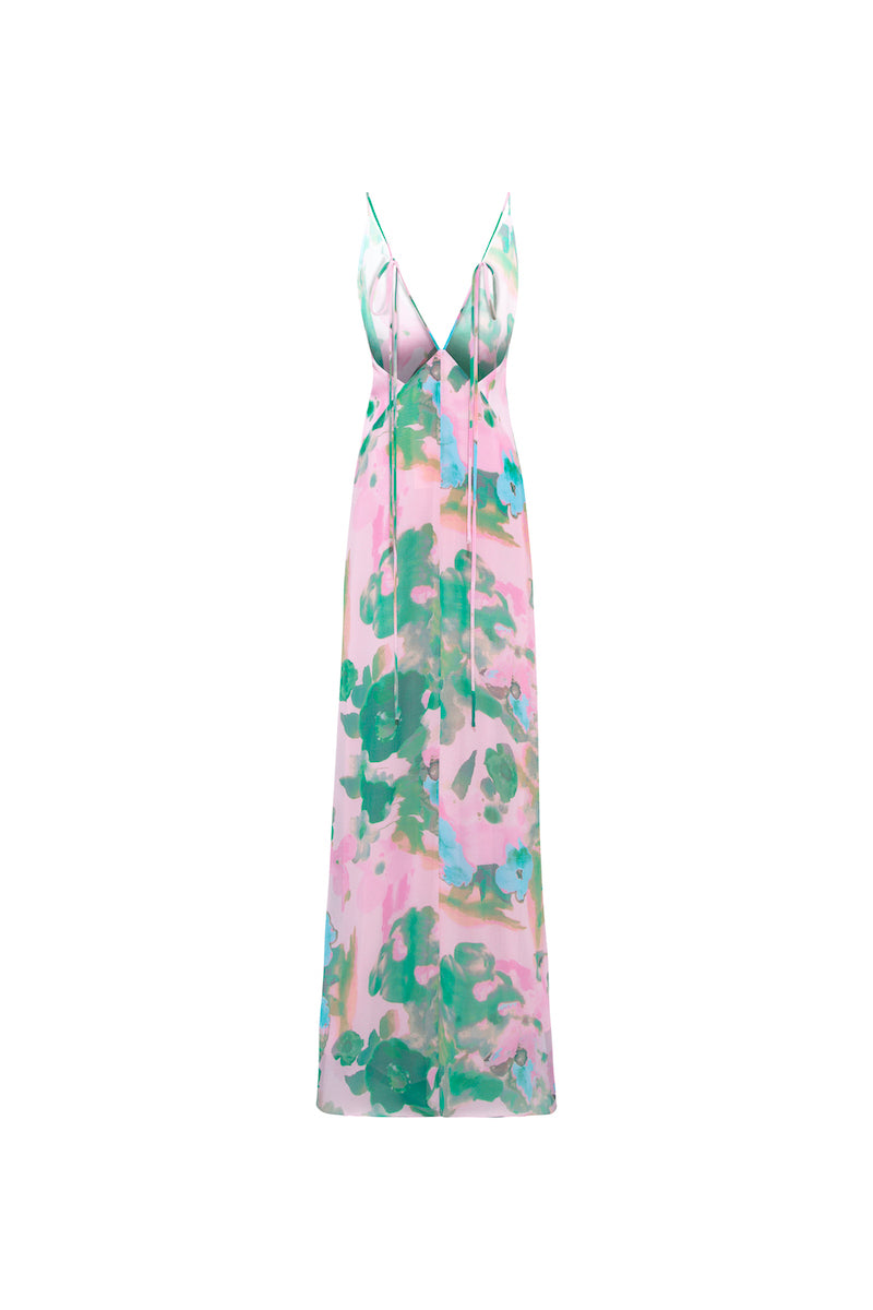 Sisters Jane maxi dress in soft pink and green with a flowing silhouette and floral pattern, perfect for summer wear.