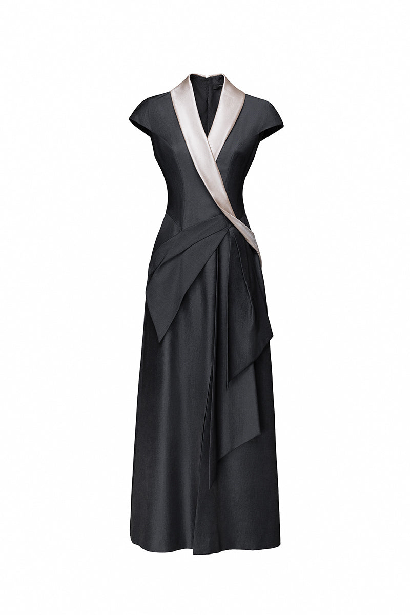 Jenny K Tran Jarrow Dress midi dress in soft fabric with a stylish design, displayed on a hanger.