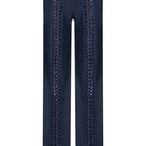 JC Pajares denim jeans with chains on the legs, stylish casual pants featuring metal chain accents and classic blue denim fabric.