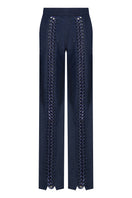 JC Pajares denim jeans with chains on the legs, stylish casual pants featuring metal chain accents and classic blue denim fabric.