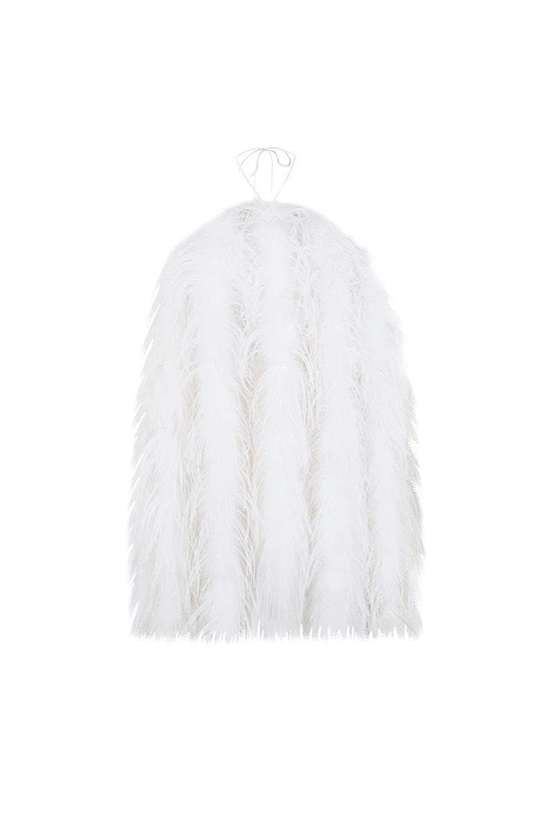 Mini feather dress by JC Pajares, stylish mini dress with feather details, displayed on a hanger.