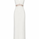 Elegant JC Pajares maxi dress with double crepe fabric and delicate Chantilly lace detail, perfect for sophisticated occasions.