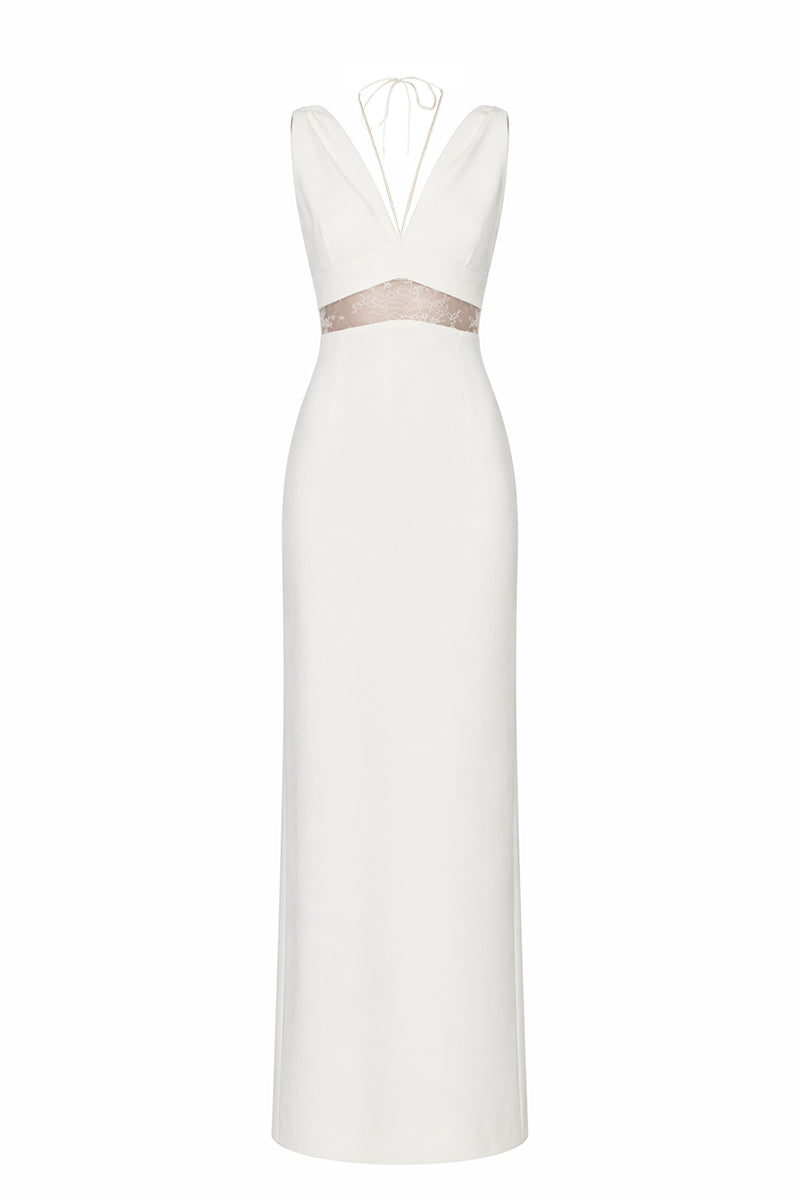 Maxi dress by JC Pajares featuring double crepe fabric and delicate Chantilly lace details, shown in a flowing, elegant design.