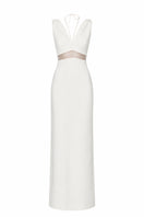 Elegant JC Pajares maxi dress with double crepe fabric and delicate Chantilly lace detail, perfect for sophisticated occasions.