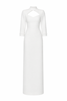 Elegant JC Pajares double crepe maxi dress with long sleeves, shown in a flowing, stylish design.
