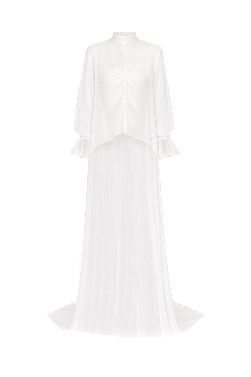 Elegant bridal cape in bambula silk with delicate detailing, designed by JC Pajares for wedding cover-ups.