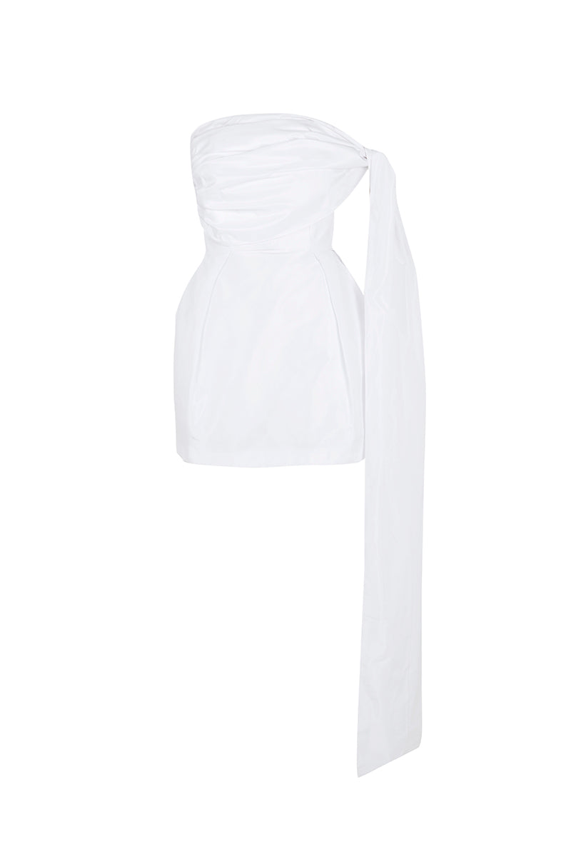 White Tulip Dress in double taffeta by JC Pajares, featuring a stylish mini dress design with a fitted bodice and flared skirt.