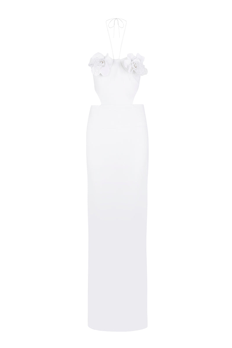 Cream crepe maxi dress by JC Pajares featuring floral cups and a flowing silhouette, perfect for elegant summer occasions.