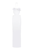 JC Pajares crepe maxi dress with floral cups, featuring a flowing silhouette and vibrant floral pattern.