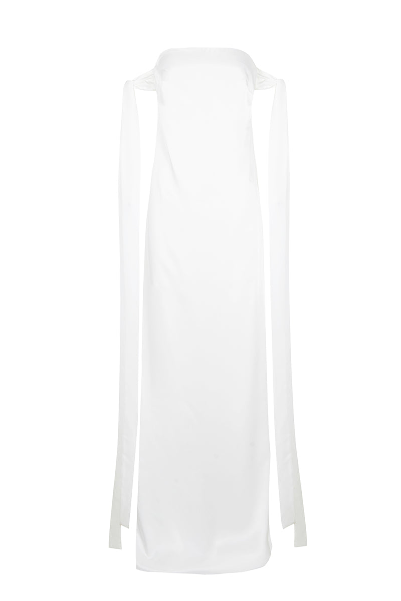 Strapless satin maxi dress by JC Pajares, flowing design with elegant draping, perfect for formal occasions or evening wear.