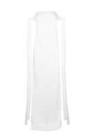 Elegant strapless satin maxi dress by JC Pajares, featuring a flowing design and smooth satin fabric.