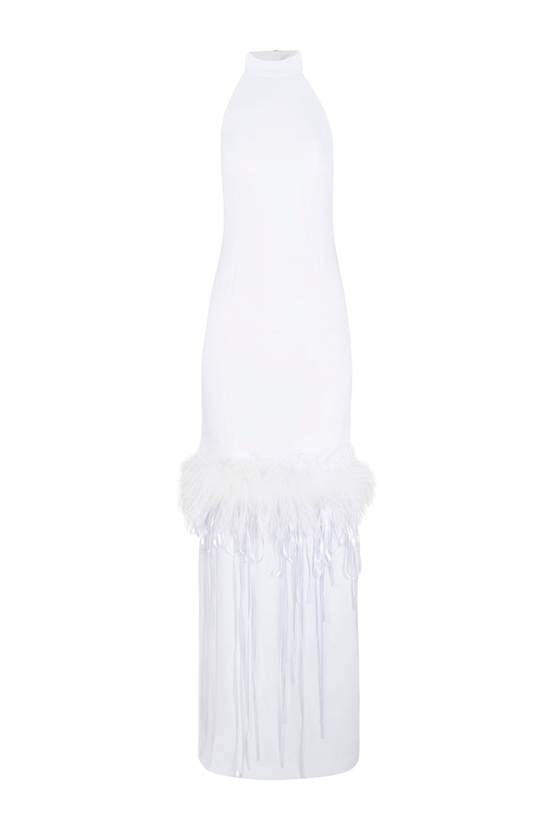 Elegant JC Pajares halter-neck maxi dress with feather details, flowing fabric, and a sophisticated silhouette.