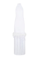 Elegant maxi dress with halter-neck and feather details by JC Pajares, shown in a stylish design and flowing fabric.