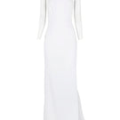 Elegant JC Pajares double crepe gown with tulle sleeves, featuring a flowing silhouette and delicate fabric details.