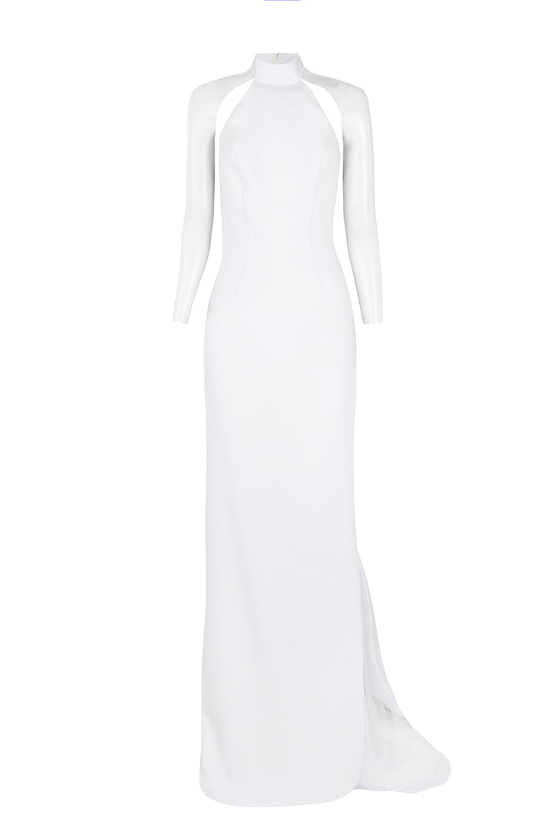 JCPajares maxi dress with double crepe fabric and tulle sleeves, elegant and flowing for stylish occasions.