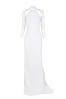 Elegant JC Pajares double crepe gown with tulle sleeves, featuring a flowing silhouette and delicate fabric details.