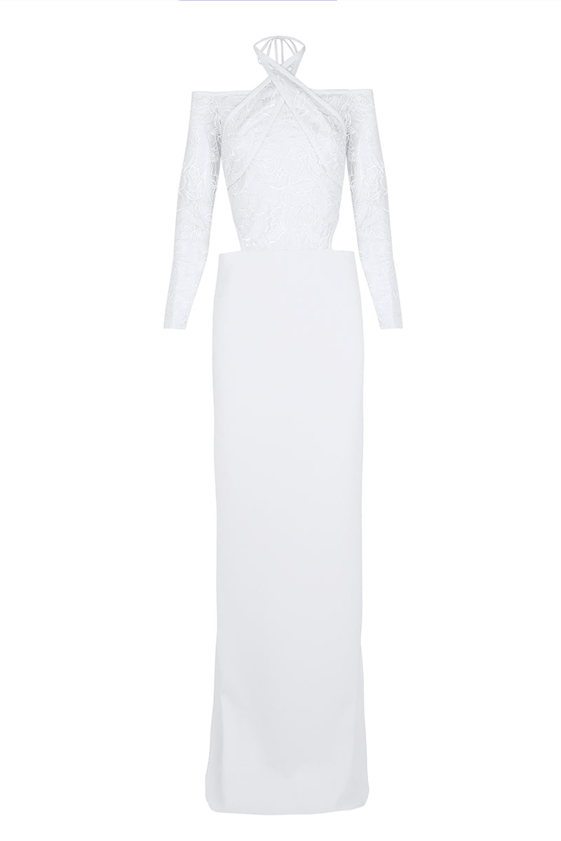 Embroidered tulle maxi dress by JC Pajares featuring intricate embroidery and flowing fabric, perfect for elegant occasions.