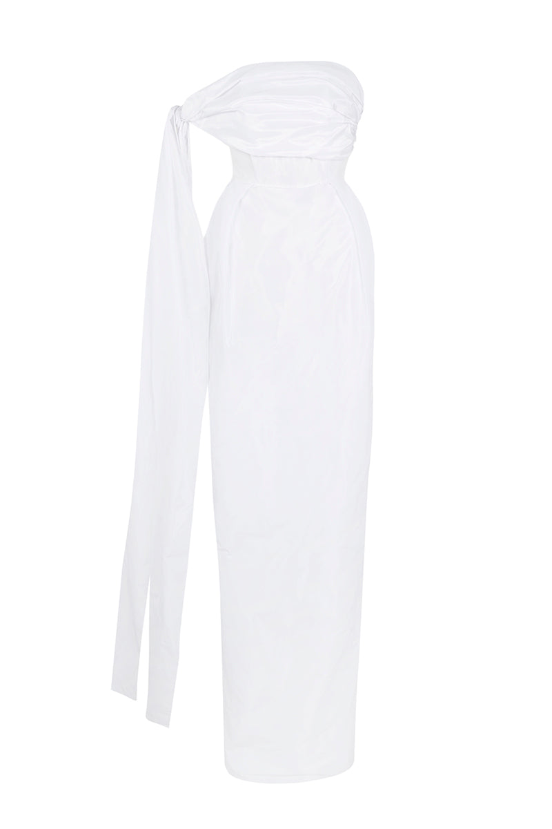 Elegant JC Pajares tulip dress in double taffeta, showcasing a flowing maxi dress with a fitted waist and stylish design.