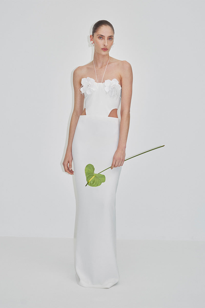 JCPajares bridal maxi dress with crepe fabric and floral cup details, elegant design perfect for special occasions