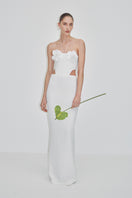 Elegant JC Pajares crepe maxi dress with floral cup detailing, perfect for bridal or special occasions.