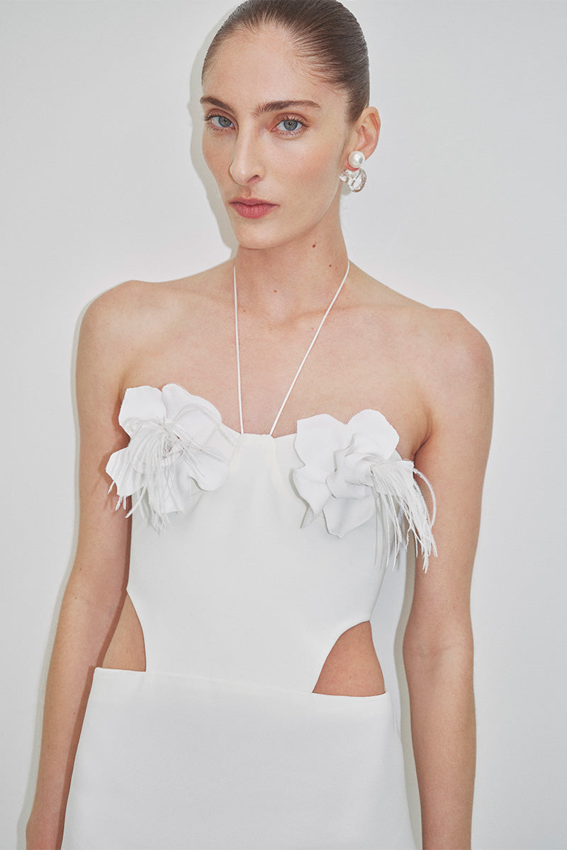 JC Pajares crepe maxi dress with floral cup detailing, elegant bridal-inspired design perfect for special occasions.