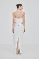 Elegant JC Pajares crepe maxi dress with floral cup details, perfect for bridal or special occasions.