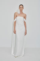 Elegant strapless satin maxi dress by JC Pajares, featuring a smooth satin finish and flowing silhouette for formal occasions.
