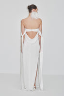 Elegant strapless satin maxi dress by JC Pajares, featuring a flowing silhouette perfect for formal or bridal occasions.