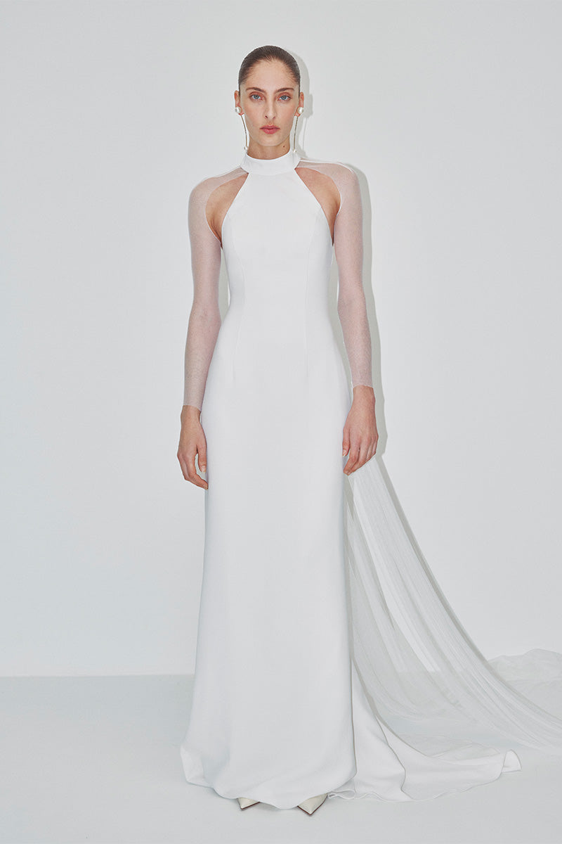 Elegant JC Pajares double crepe maxi dress with tulle sleeves, showcased in a bridal-inspired lookbook setting.