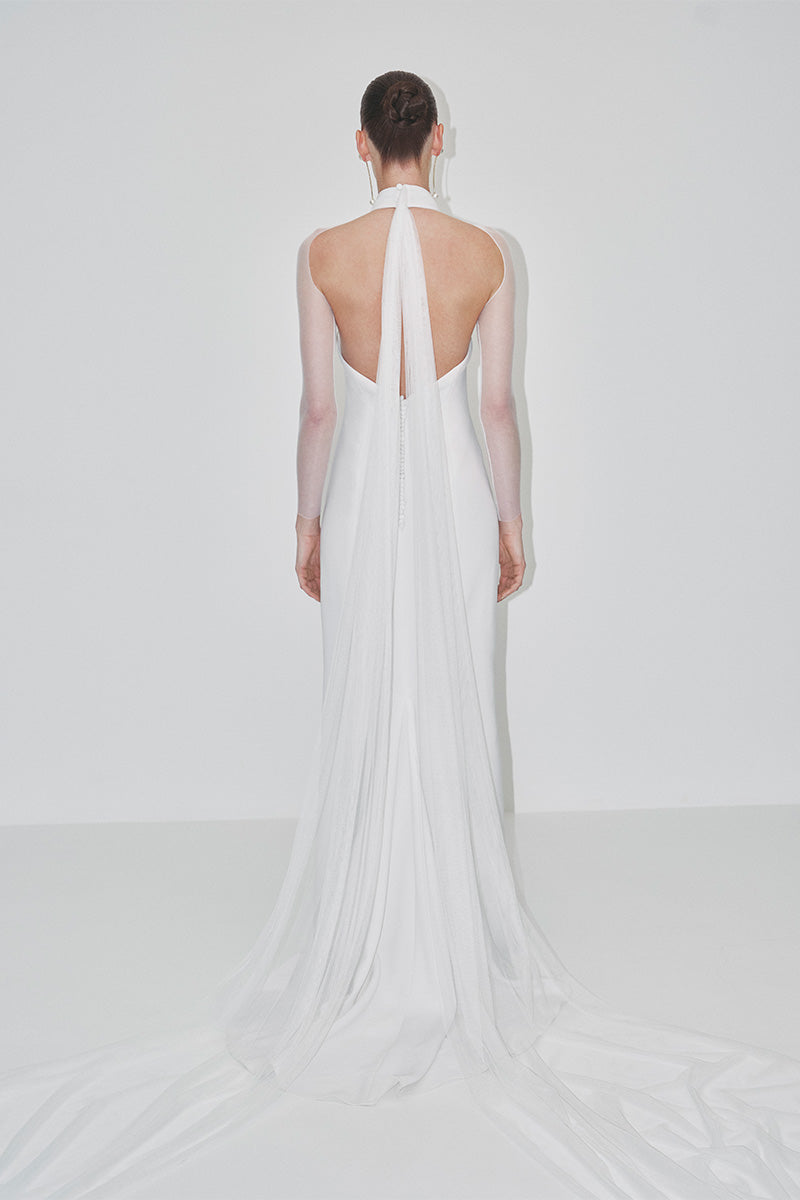 Elegant JC Pajares double crepe maxi dress with tulle sleeves, perfect for bridal or special occasion wear.