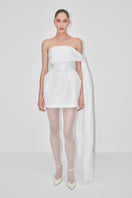 White tulip dress in double taffeta by JC Pajares, featuring a mini length and elegant bridal-inspired design.