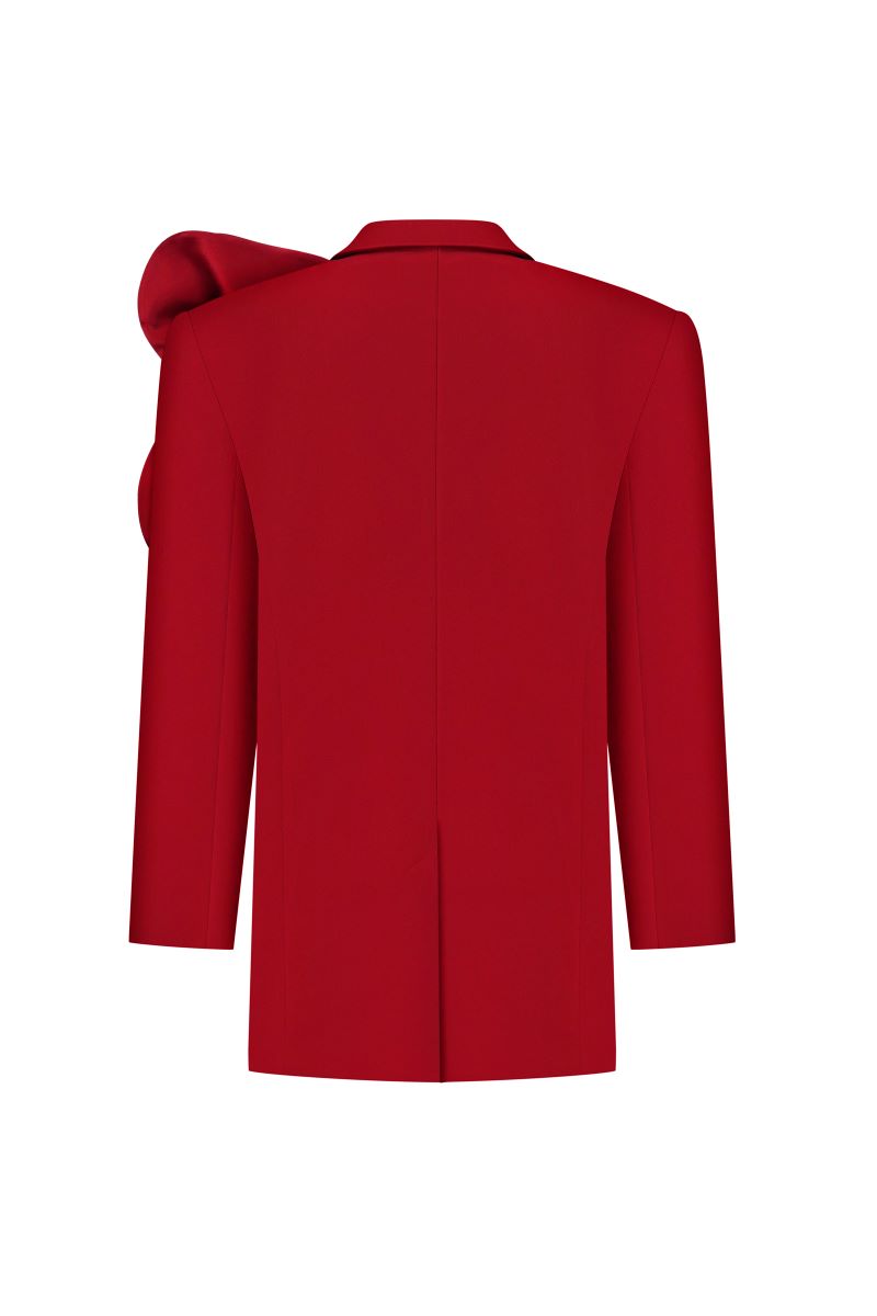 Red oversized double-breasted jacket by Nadya Dzyak, shown from the back with wide lapels and relaxed fit.