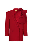 Red oversized double-breasted jacket by NADYA DZYAK, front view showing tailored collar and button details.