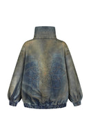 Back view of Nadya Dzyak oversized denim funnel neck bomber blazer in rusty denim fabric.