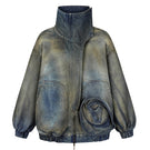NADYA DZYAK oversized denim funnel neck bomber blazer in rusty denim, shown from the front with a relaxed fit and casual style.