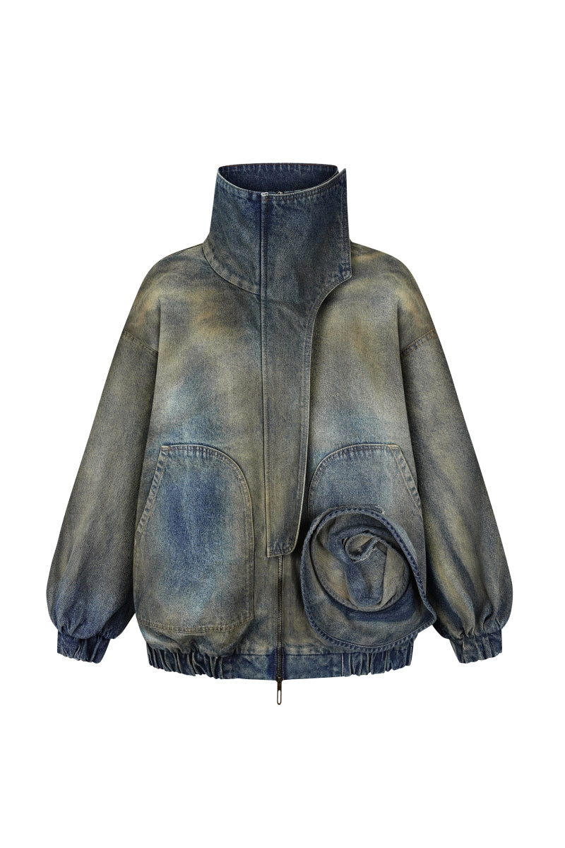 NADYA DZYAK oversized denim blazer with a funnel neck in rusty denim, front view showing relaxed fit and stylish design.