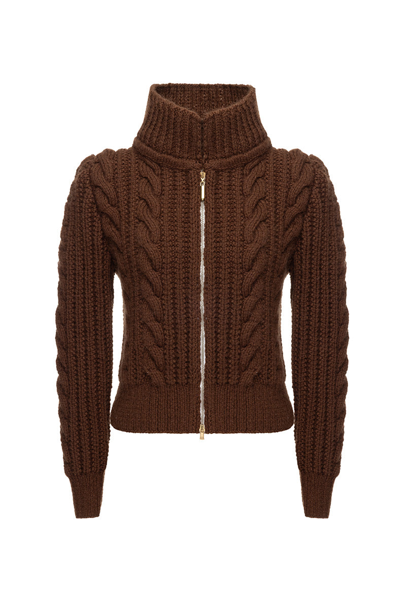 Liya brown zip high neck cardigan with front zipper and ribbed cuffs, stylish knit sweater for women.