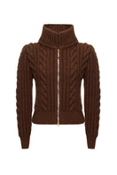 Liya brown zip high neck cardigan with front zipper and ribbed cuffs, stylish and cozy for casual wear.