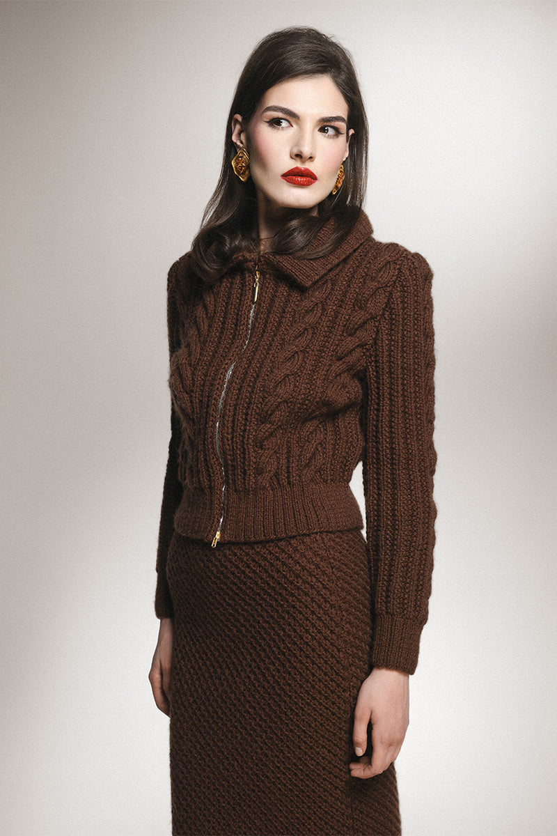 Liya brown zip high neck cardigan with front zipper and ribbed cuffs, displayed on a neutral background.