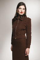 Liya brown zip high neck cardigan with ribbed cuffs and hem, featuring a stylish high neckline and front zipper closure.
